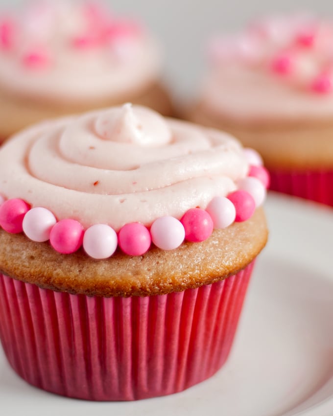 Double Berry Cupcakes - both the cupcakes and frosting are made with a mixture of raspberry and strawberry puree! | honeyandbirch.com