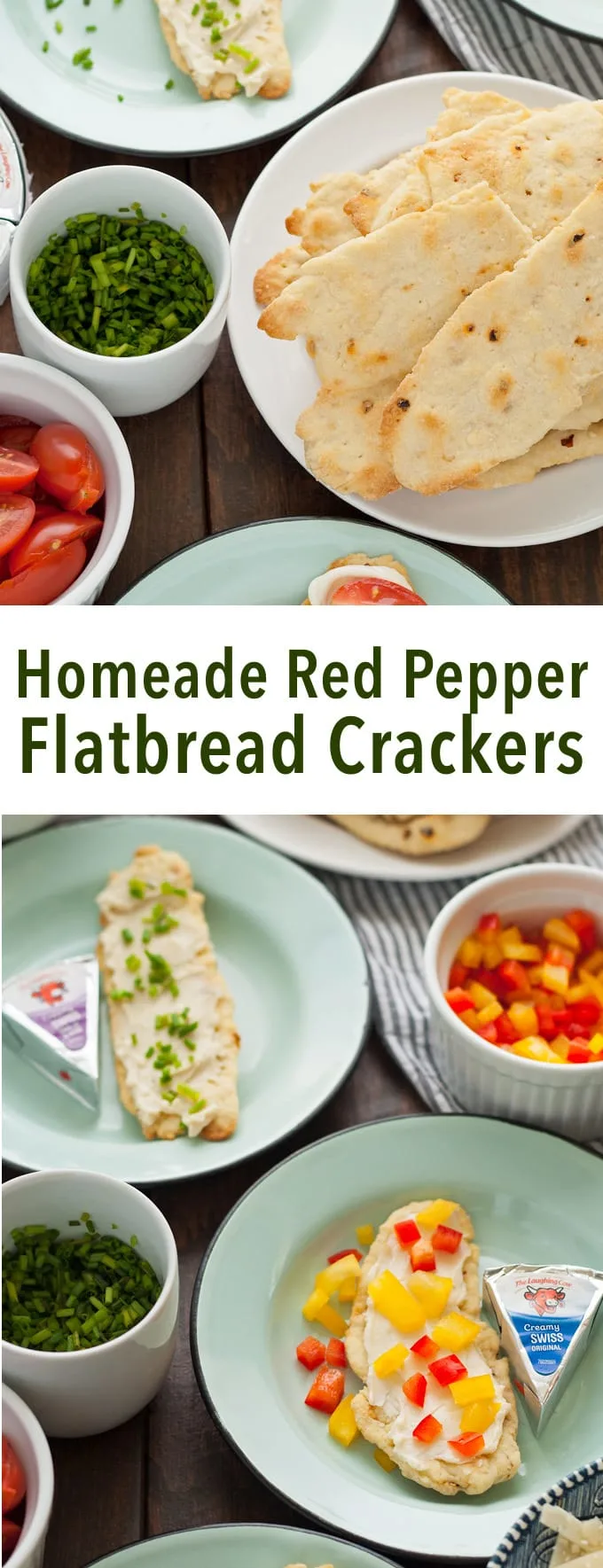 Try these homemade red pepper flatbread crackers with Laughing Cow cheese and some of these easy toppings to reinvent snacking! | honeyandbirch.com
