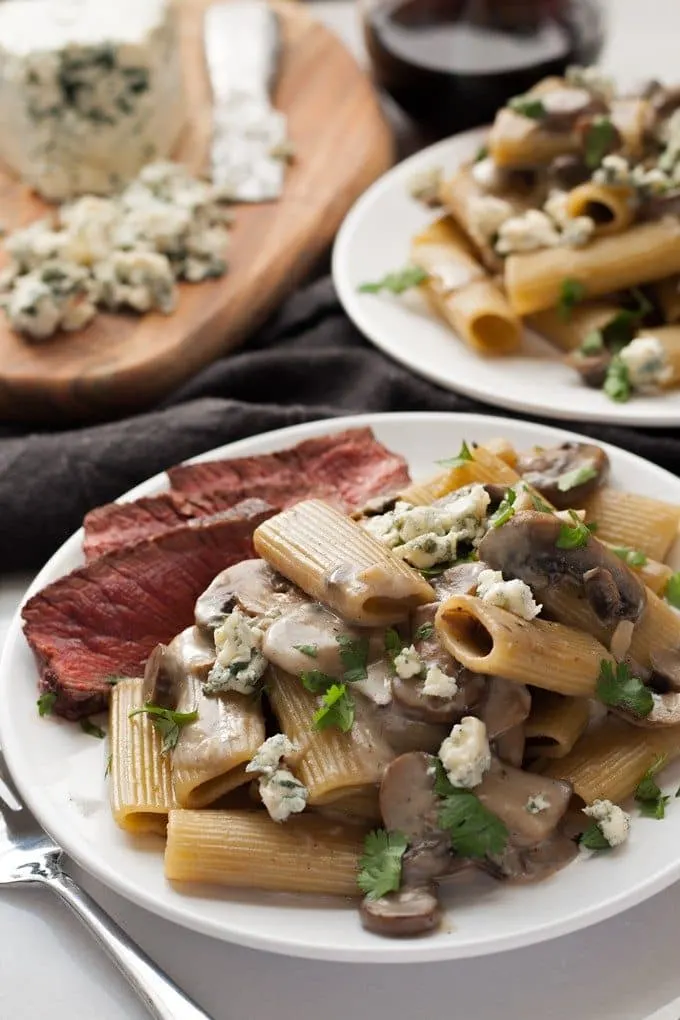 two plates of Mushroom Blue Cheese Rigatoni