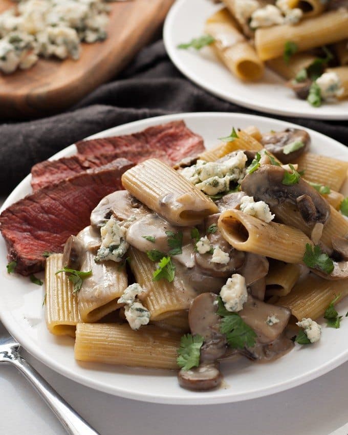 Mushroom Blue Cheese Rigatoni on a white plate