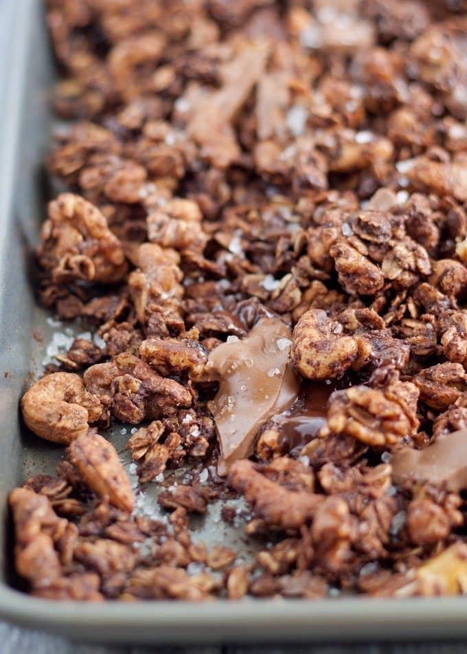 Looking for a fun dessert or a sweet snack? Try this salted chocolate granola! | honeyandbirch.com