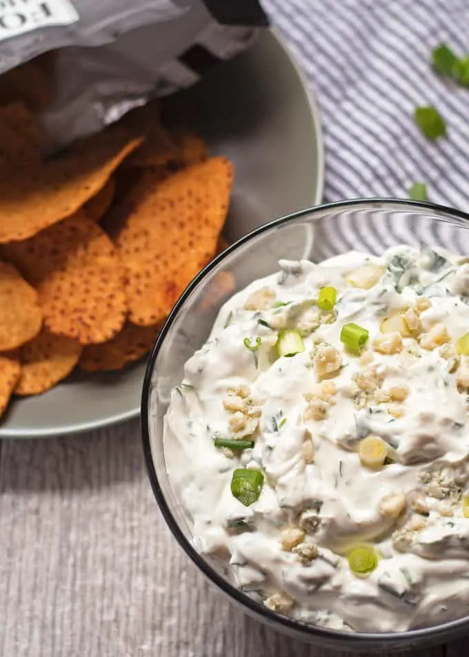 creamy blue cheese dips with sweet potato chips