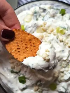 creamy blue cheese dip with a hand holding a chip