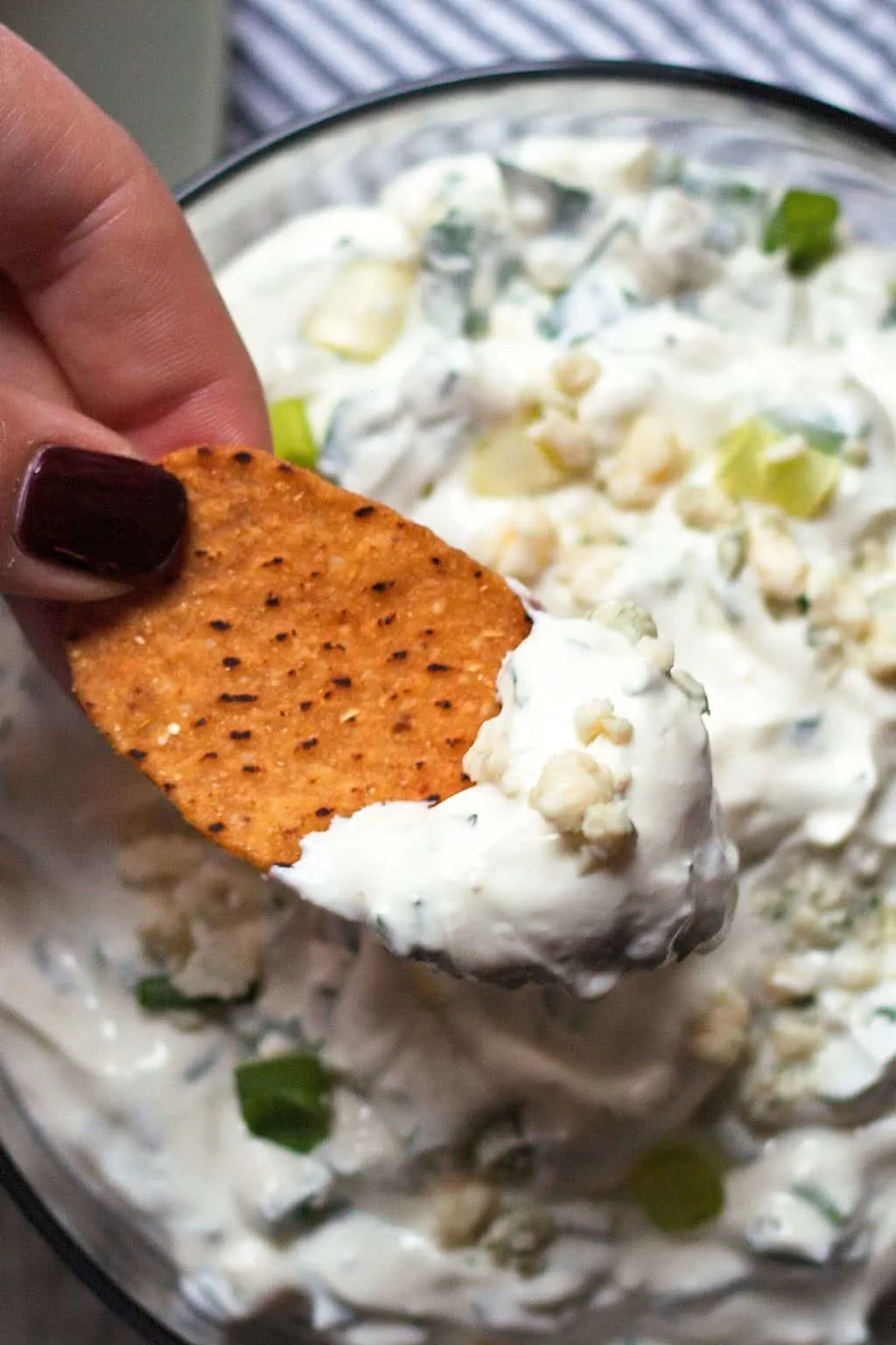 creamy blue cheese dip with a hand holding a chip