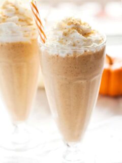 Enjoy the flavors of fall all year round with one of these pumpkin pie milkshakes! Top yours with whipped cream and some graham cracker crumbs for the perfect treat!