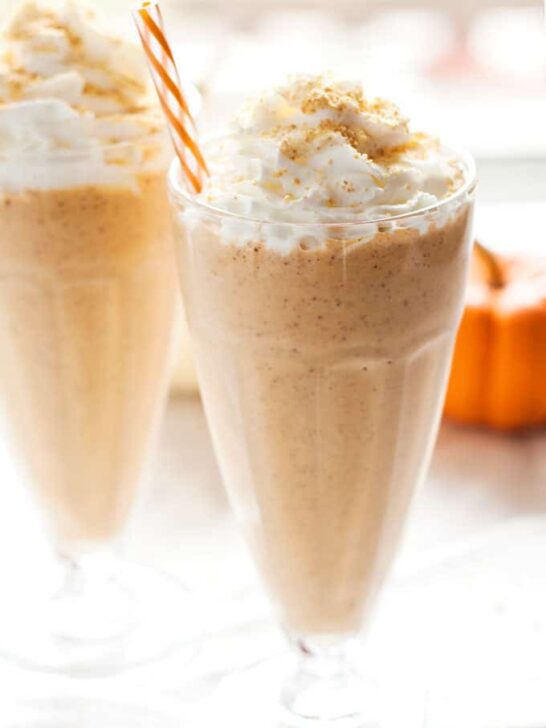 Enjoy the flavors of fall all year round with one of these pumpkin pie milkshakes! Top yours with whipped cream and some graham cracker crumbs for the perfect treat!