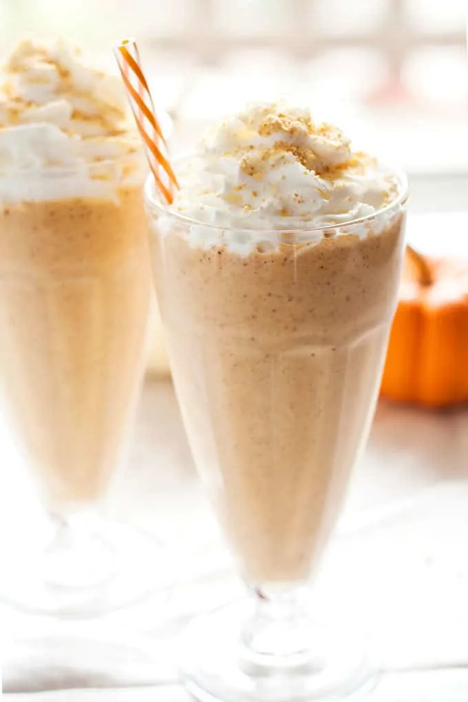 Enjoy the flavors of fall all year round with one of these pumpkin pie milkshakes! Top yours with whipped cream and some graham cracker crumbs for the perfect treat!