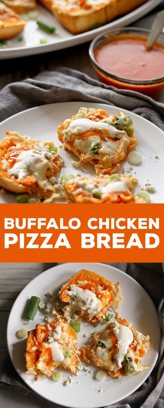 This buffalo chicken pizza bread recipe is going to be a hit at your next party! It's made with KING’S HAWAIIAN® Sweet Bread Rolls for easy eating and is the perfect appetizer or lunch! | honeyandbirch.com