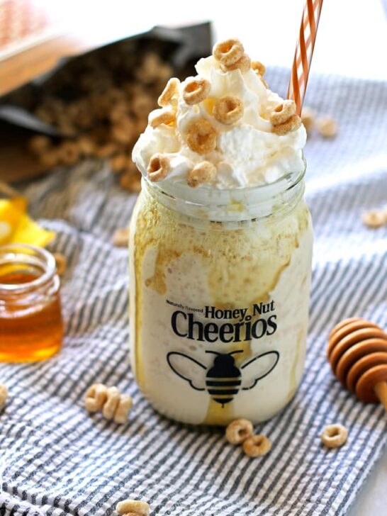 This honey nut Cheerios milkshake tastes just like a bowl of cereal and milk! | honeyandbirch.com