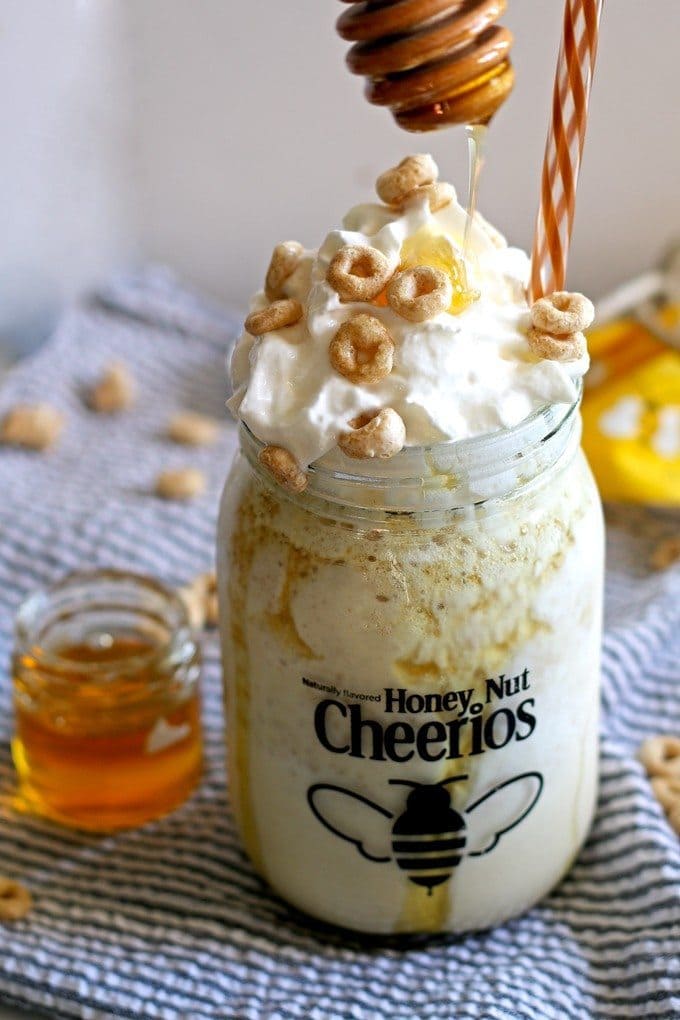 This honey nut Cheerios milkshake tastes just like a bowl of cereal and milk! | honeyandbirch.com