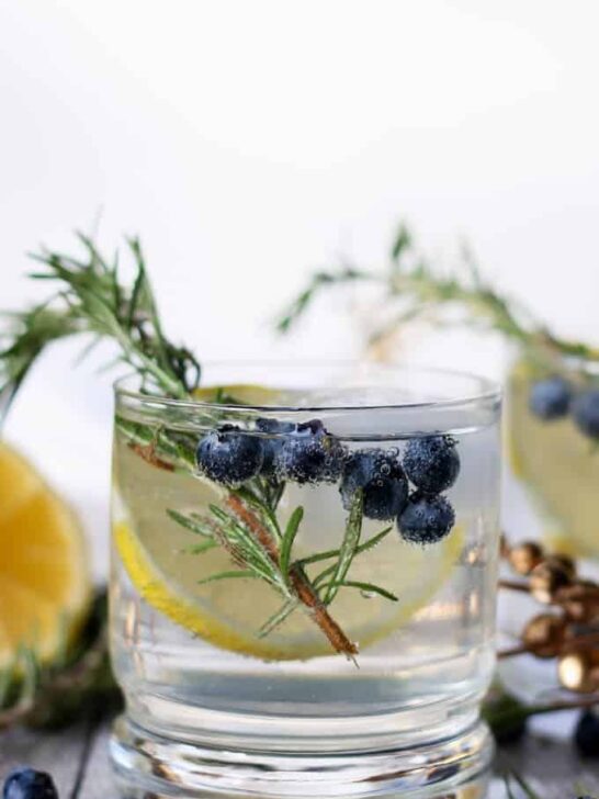 This lemon blueberry vodka spritzer is perfect for holiday parties, weekend brunches or girl's nights. If you are searching for a signature drink, your search is over thanks to this easy cocktail recipe! | honeyandbirch.com