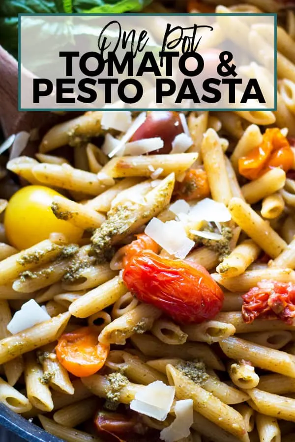 one pot tomato and pesto pasta pinterest image