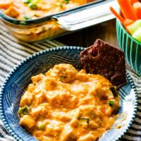 buffalo chicken dip in a blue bowl with a chip