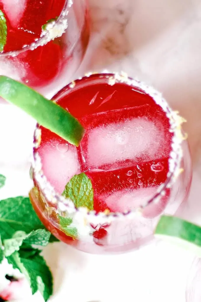 overhead photo of one grapefruit hibiscus margarita