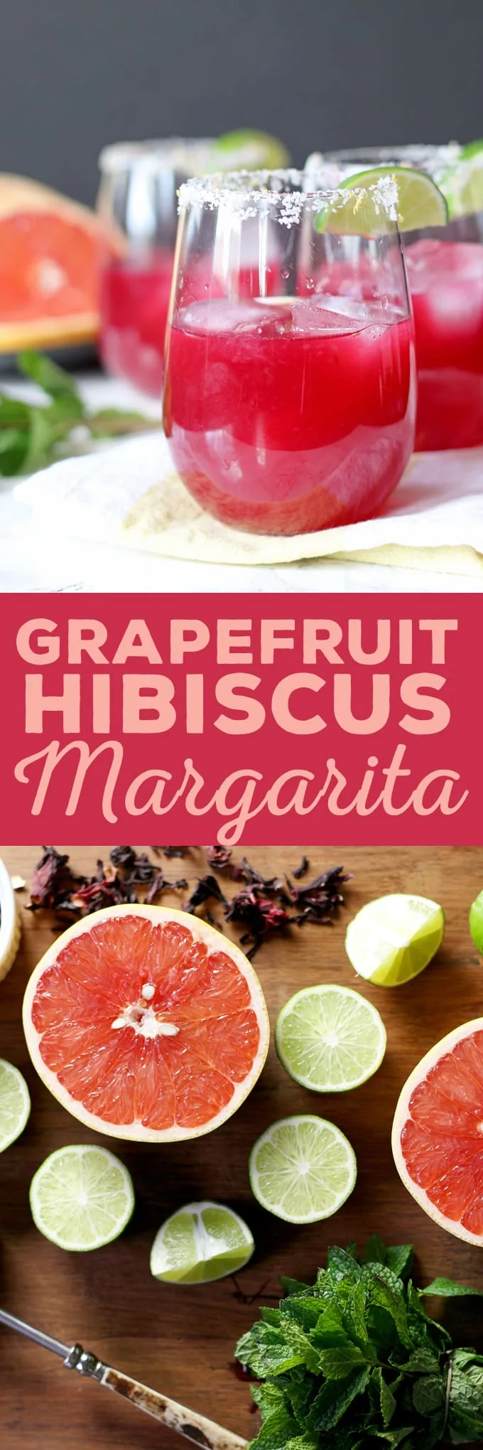 This grapefruit hibiscus margarita is the perfect cocktail recipe to make you think of summer! Fresh grapefruit and lime juice, homemade hibiscus simple syrup and a little muddled mint make this a fun and tropical cocktail! | honeyandbirch.com