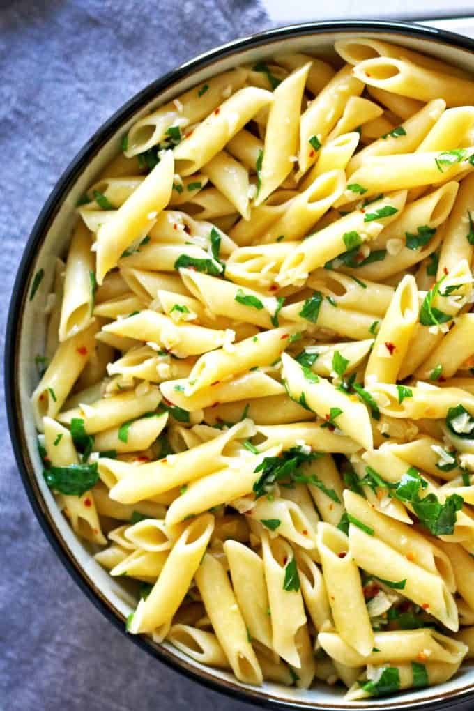 penne agio e olio and a blue napkin