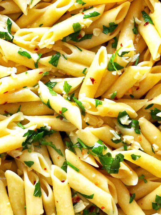 close up photo of penne agilo e olio