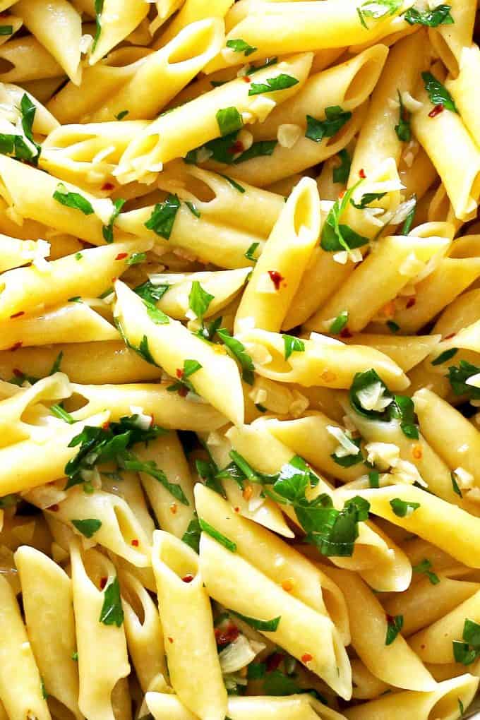 close up photo of penne agilo e olio