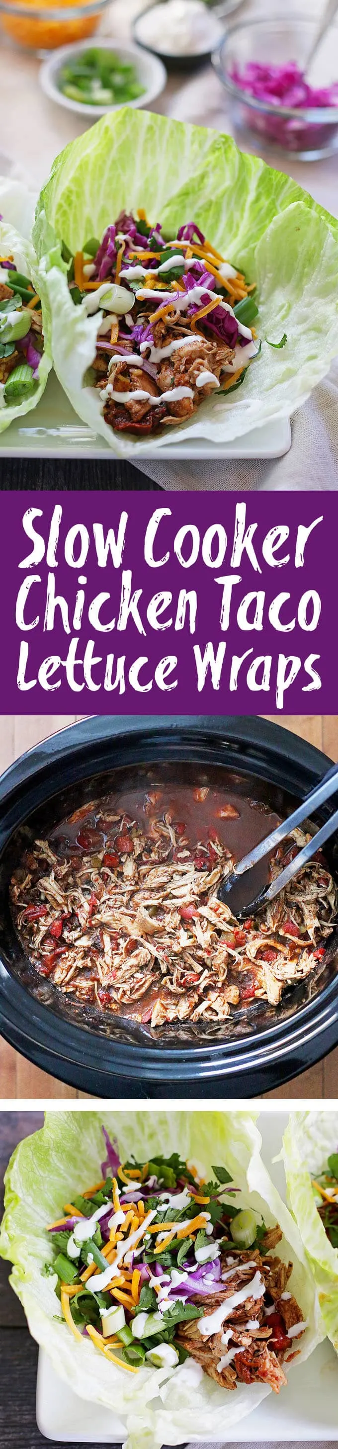These slow cooker chicken taco lettuce wraps are going to be your new favorite taco recipe. Make the chicken taco meat in the slow cooker and substitute iceberg lettuce leaves for tortilla shells! | honeyandbirch.com