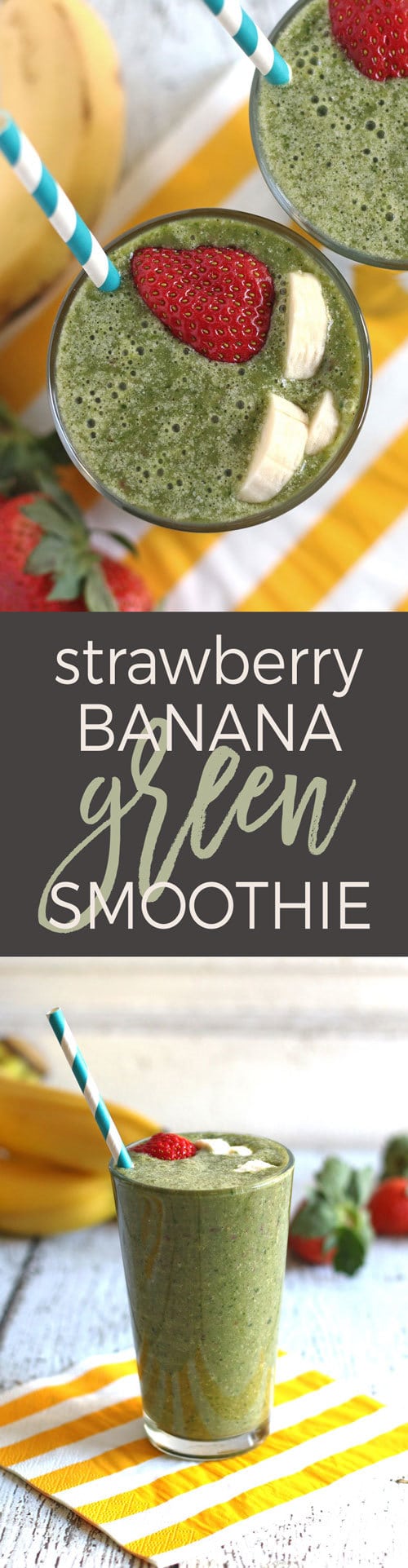 Looking for a healthy breakfast? Try this strawberry banana green smoothie recipe! It's dairy free and sweetened by dates. | honeyandbirch.com