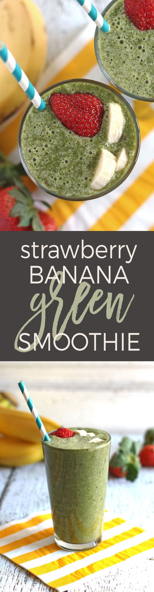 Looking for a healthy breakfast? Try this strawberry banana green smoothie recipe! It's dairy free and sweetened by dates. | honeyandbirch.com