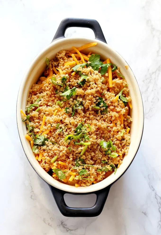 chicken fajita mac and cheese before baking