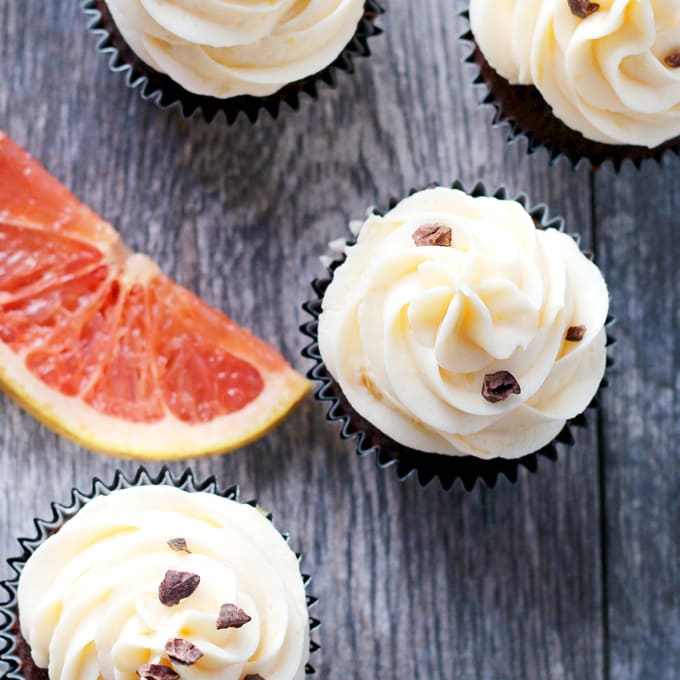 Grapefruit curd and grapefruit buttercream frosting are delicious when enjoyed with your favorite chocolate cupcake recipe. They are the perfect way to enjoy winter citrus! | honeyandbirch.com