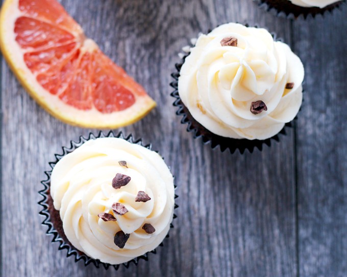 Grapefruit curd and grapefruit buttercream frosting are delicious when enjoyed with your favorite chocolate cupcake recipe. They are the perfect way to enjoy winter citrus! | honeyandbirch.com