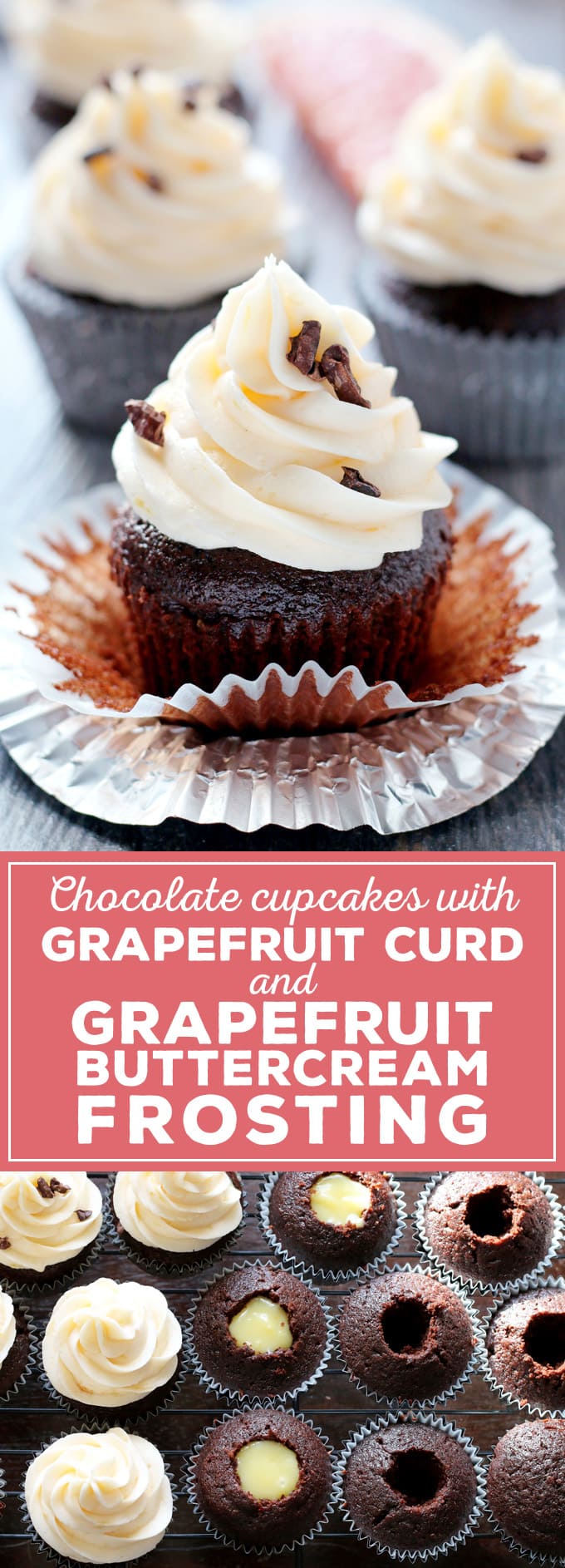 Grapefruit curd and grapefruit buttercream frosting are delicious when enjoyed with your favorite chocolate cupcake recipe. They are the perfect way to enjoy winter citrus! | honeyandbirch.com
