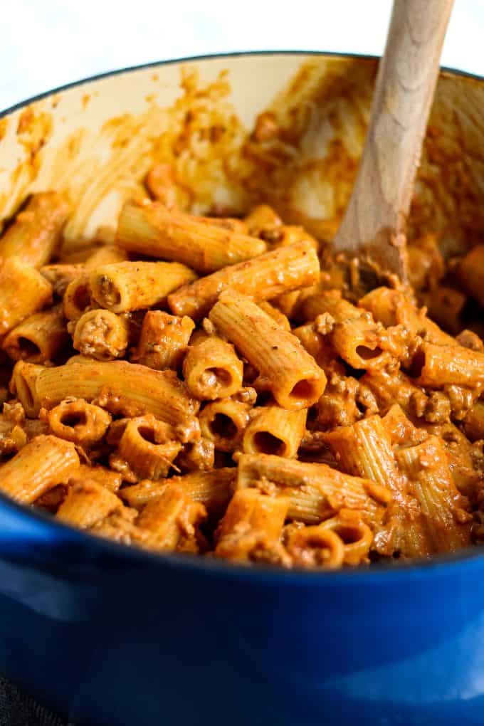 taco pasta in a blue pot