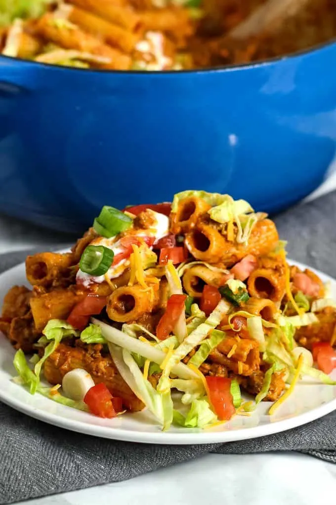 taco pasta on a white plate