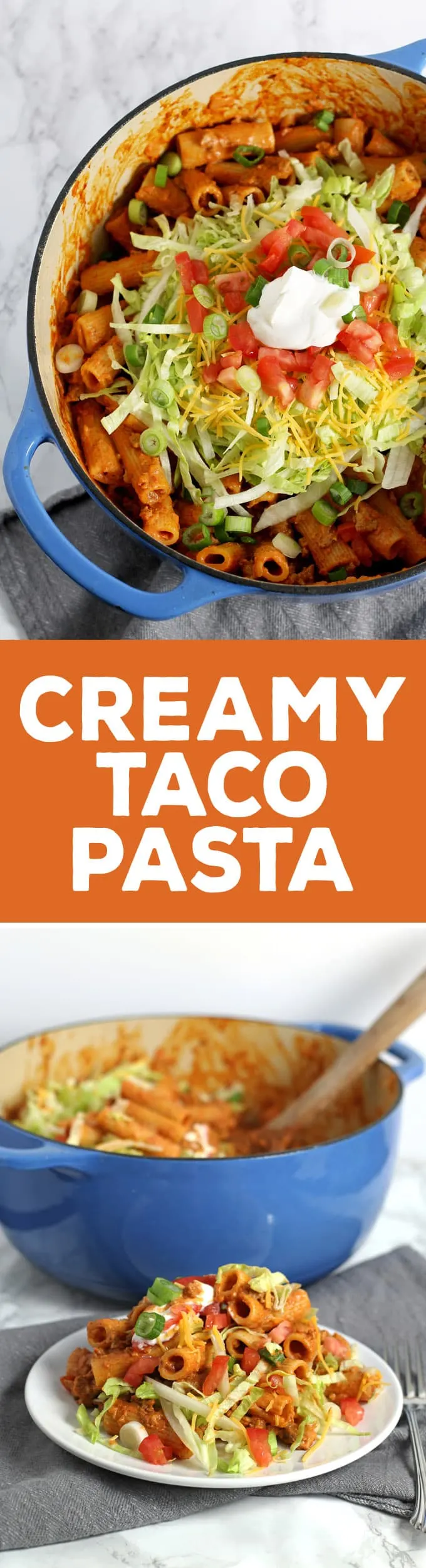 This creamy taco pasta recipe is a quick and easy dinner! Ready in 30 minutes, this meal is a great way to add extra vegetable portions and it is kid-friendly! | honeyandbirch.com