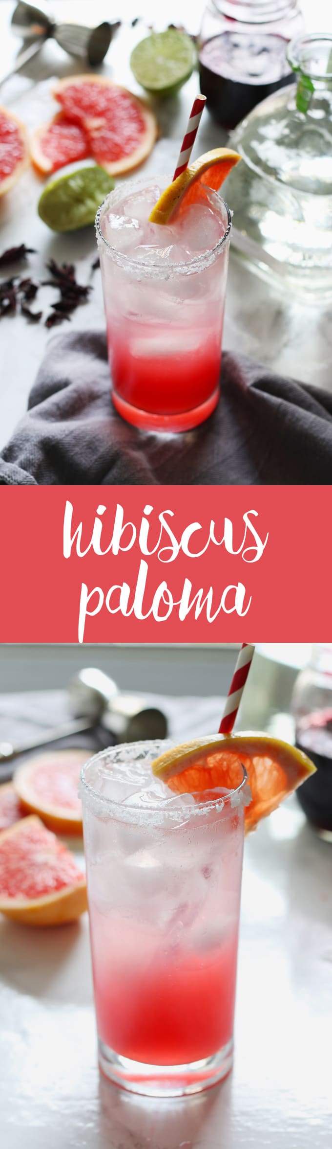 This hibiscus paloma cocktail is a refreshing recipe; the tart grapefruit and lime juices are well complemented by the sweet floral hibiscus simple syrup. Break out that bottle of tequila and mix up a batch of these drinks today! | honeyandbirch.com