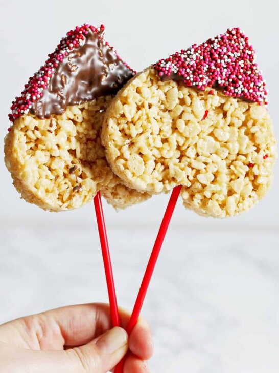 2 heart shaped Rice Krispie pops with sprinkles