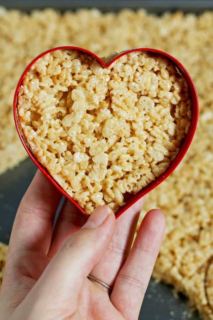 heart shaped Rice Krispie treat in the heart shaped cookie cutter