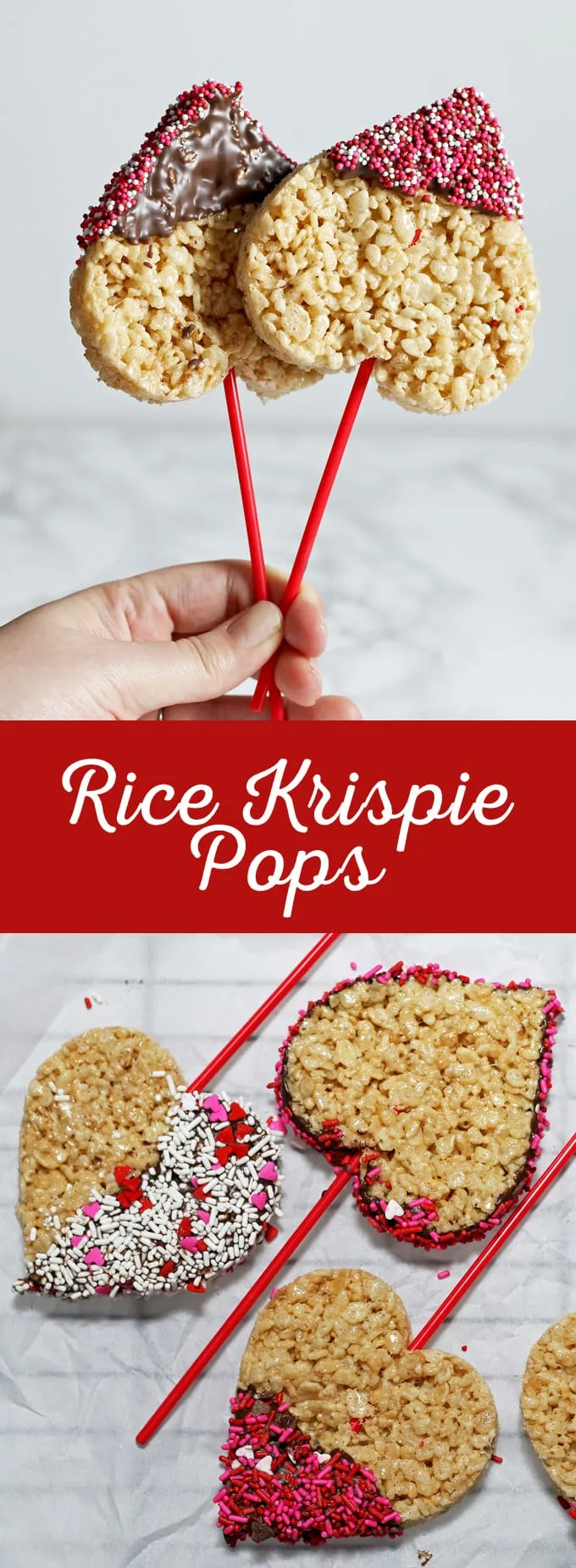 These rice krispie pops are the perfect easy Valentine's Day treat for you and your kids! Whip up a batch of rice krispie treats, dip them in chocolate and apply sprinkles! | honeyandbirch.com