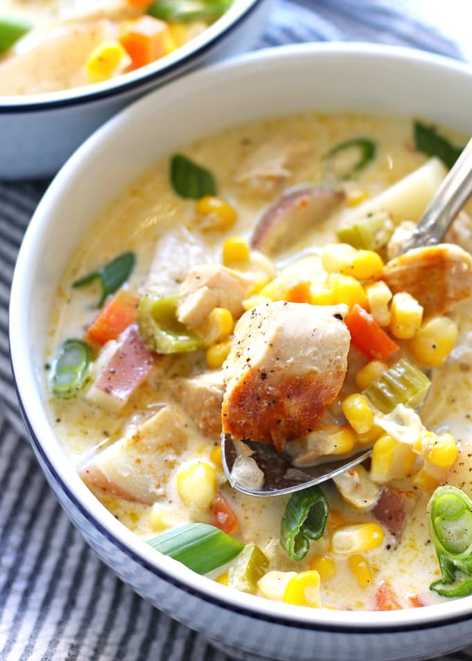 chicken corn chowder on a spoon