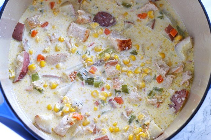 chicken corn chowder in a pot