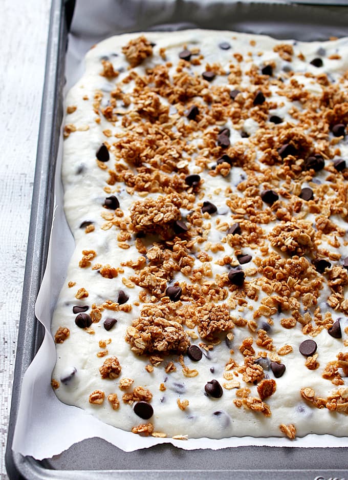 Chocolate chip granola frozen yogurt bark made with non-fat Greek yogurt and honey - the perfect quick snack or breakfast! Whip up a batch and keep it in your freezer.