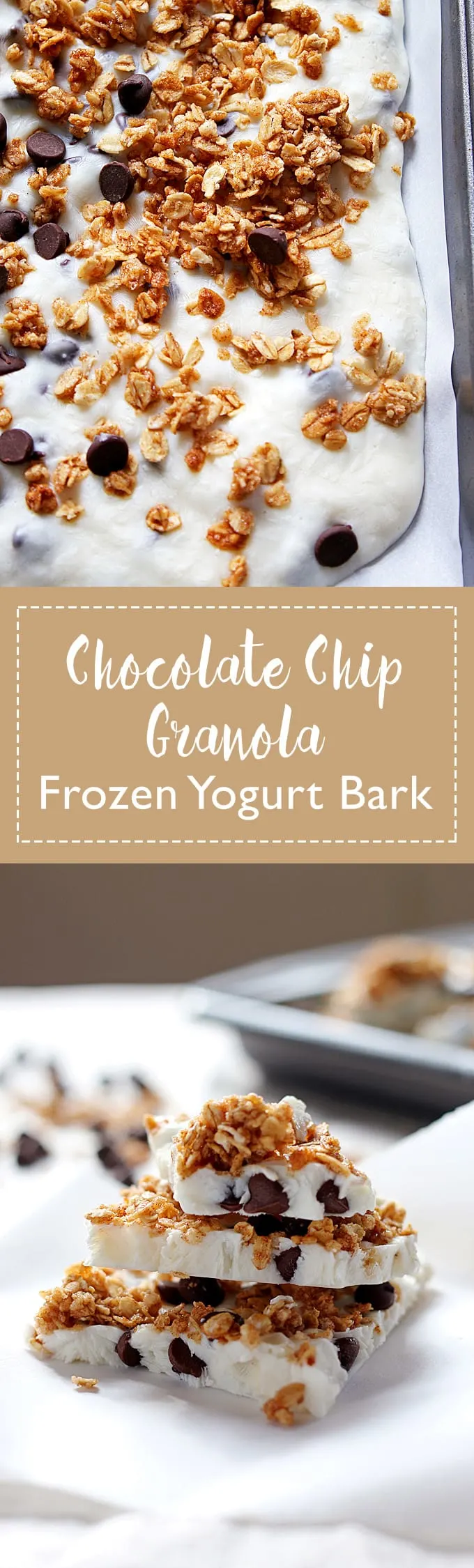 Chocolate chip granola frozen yogurt bark made with non-fat Greek yogurt and honey - the perfect quick snack or breakfast! Whip up a batch and keep it in your freezer. | honeyandbirch.com