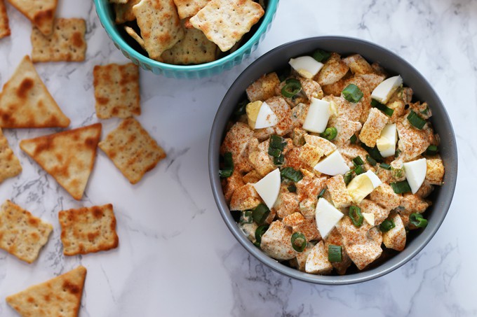 Deviled egg dip is perfect for using up extra hard boiled eggs. It is a chunky dip and is perfect for Easter and holiday parties! | honeyandbirch.com