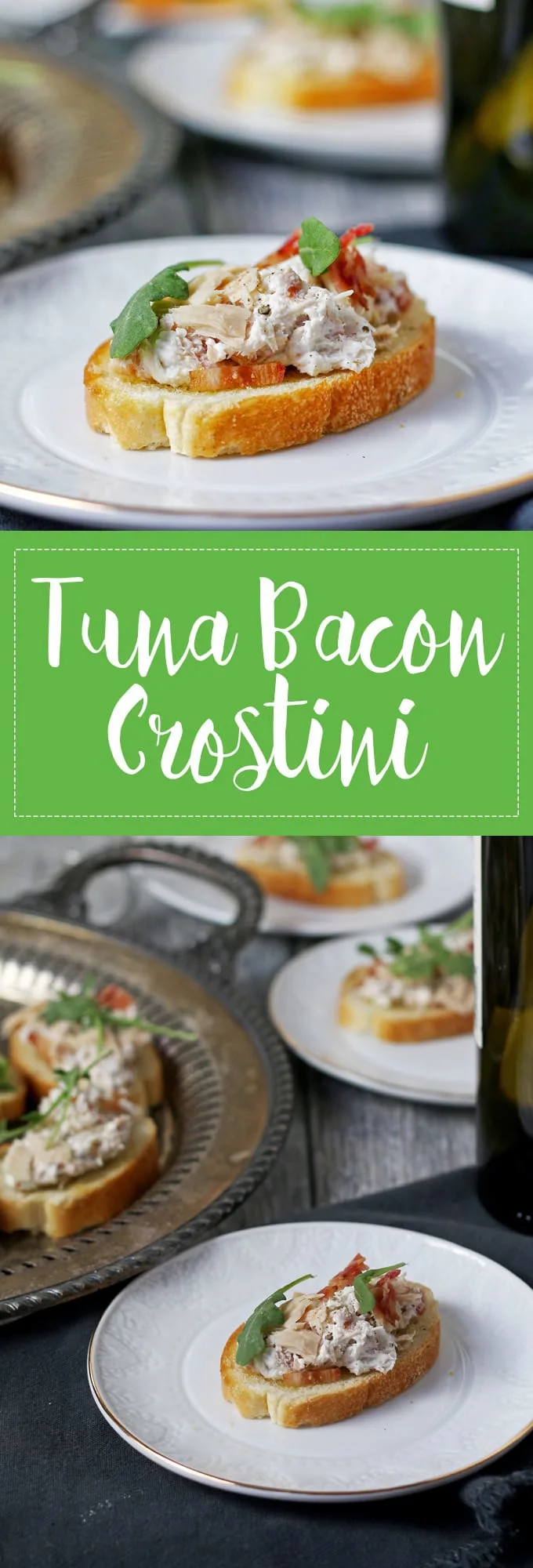Tuna bacon crostini is a great last minute-appetizer! It only takes 10 minutes to put together and is the perfect finger food for dinner parties. | honeyandbirch.com