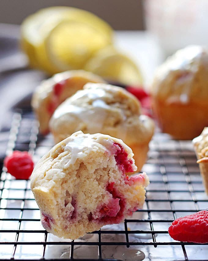 Raspberry lemon muffin with bite taken out