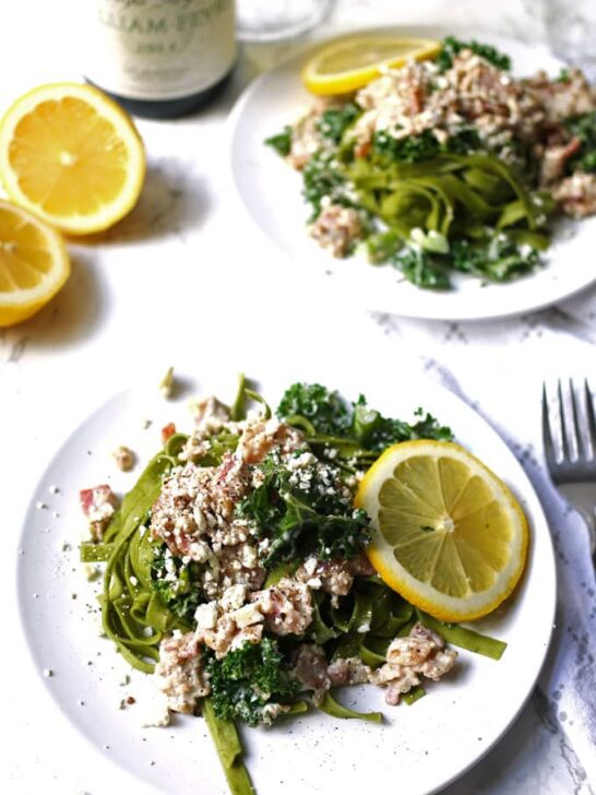Carbonara-Inspired Greek Kale Pasta