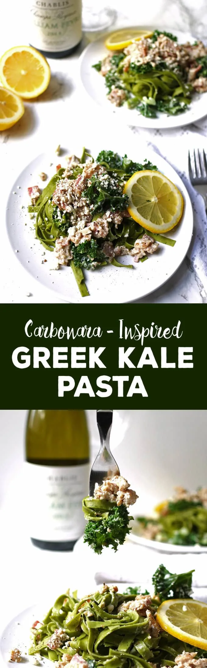 This carbonara-inspired Greek kale pasta is a one-of-a-kind pasta dinner. The flavors of carbonara sauce (bacon!) are combined with elements of Greek cuisine for a savory and delicious dish. | honeyandbirch.com