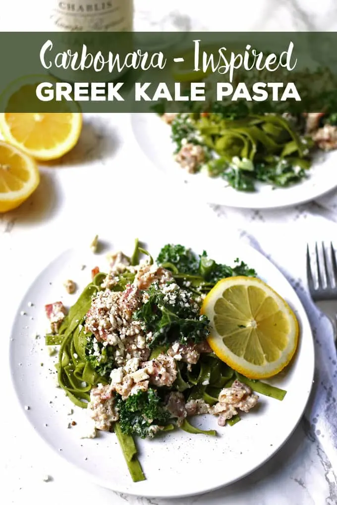 This carbonara-inspired Greek kale pasta is a one-of-a-kind pasta dinner. The flavors of carbonara sauce (bacon!) are combined with elements of Greek cuisine for a savory and delicious dish. | honeyandbirch.com