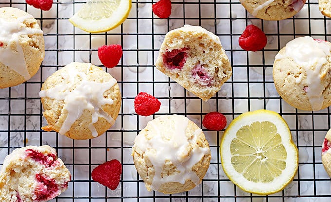 Raspberry lemon muffins on a cooling rack