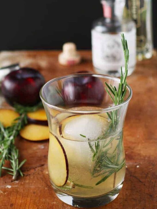 Rosemary's Plum gin cocktail is a blend of fresh ingredients and aromas. Thanks to the addition of fresh plum and St. Germain there is no need to add any additional sugar. Instead, I pair it with gin and rosemary for a fresh and herbaceous drink. | honeyandbirch.com