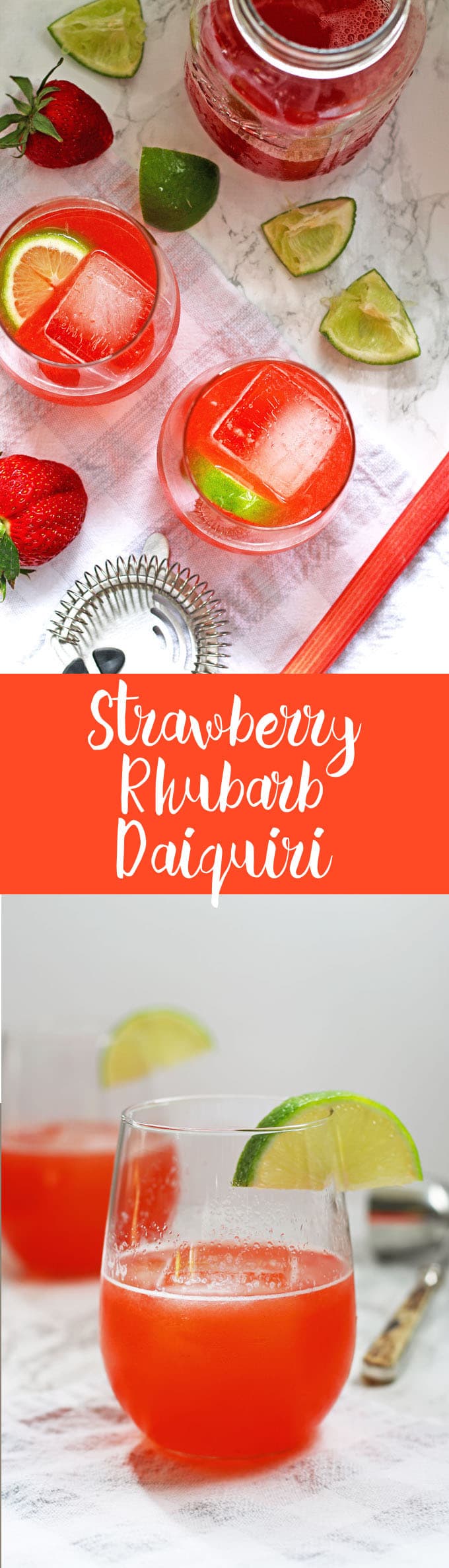 This strawberry rhubarb daiquiri recipe is the perfect spring cocktail! Plus, a recipe for homemade strawberry rhubarb simple syrup. | honeyandbirch.com