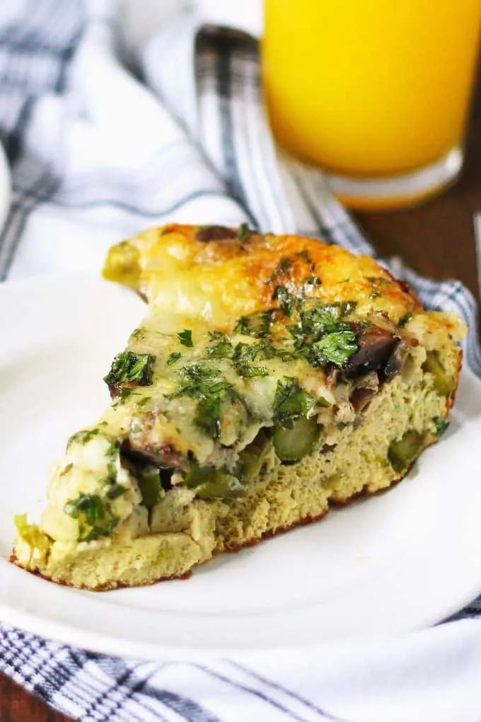 slice of asparagus mushroom Swiss egg casserole